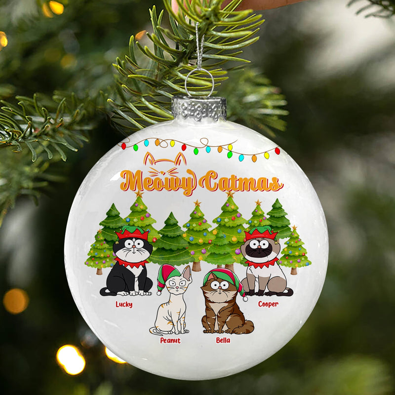 Meowy Catmas Funny Cartoon Cats - Christmas Gift For Cat Lovers - Personalized White Flat Ball Ornament
