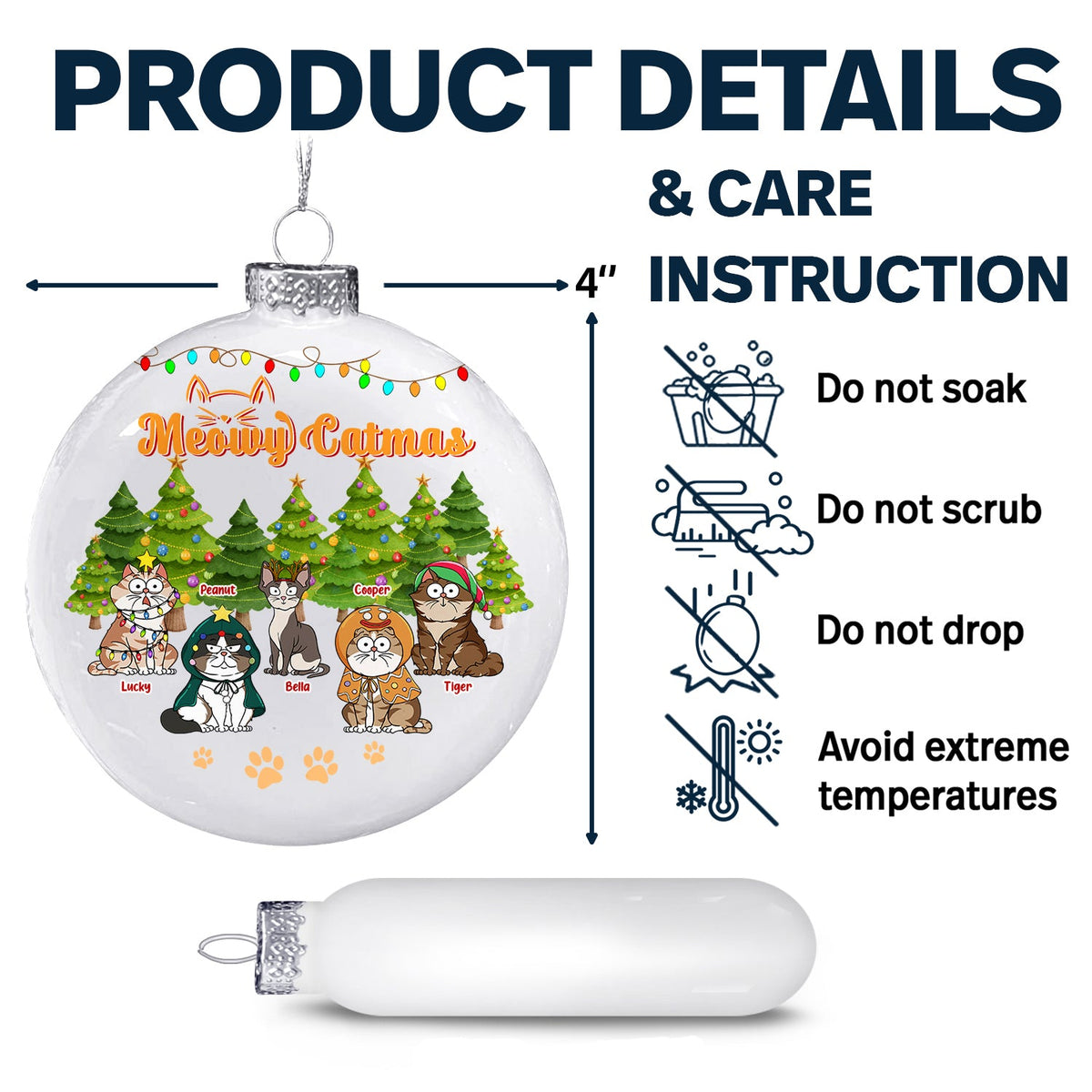 Meowy Catmas Funny Cartoon Cats - Christmas Gift For Cat Lovers - Personalized White Flat Ball Ornament