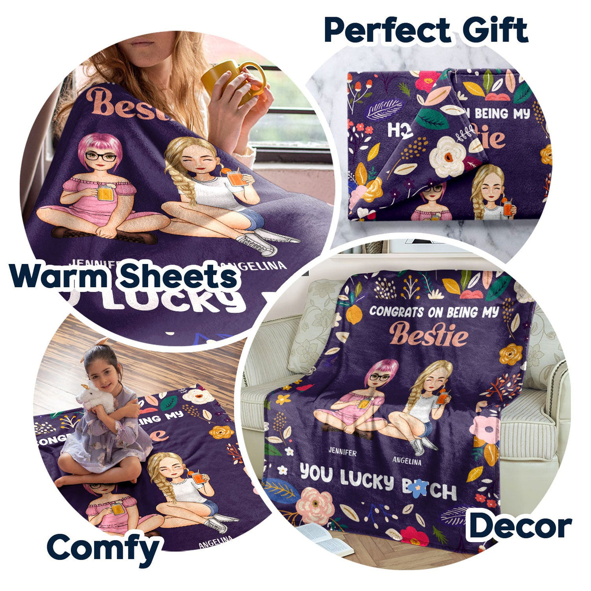 Bestie Cartoon Congrats On Being My Bestie - Gift For Bestie - Personalized Fleece Blanket