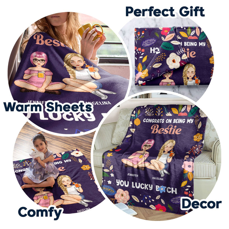 Bestie Cartoon Congrats On Being My Bestie - Gift For Bestie - Personalized Fleece Blanket