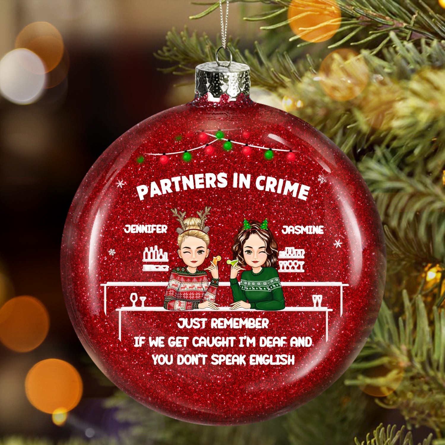 Christmas Bestie Partners In Crime - Gift For Besties - Personalized Glitter Plastic Ornament
