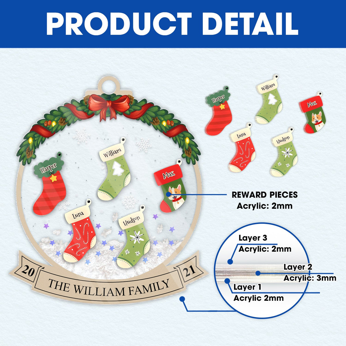 Bas de Noël familiaux - Cadeau de Noël - Ornement shaker personnalisé en acrylique à 3 couches