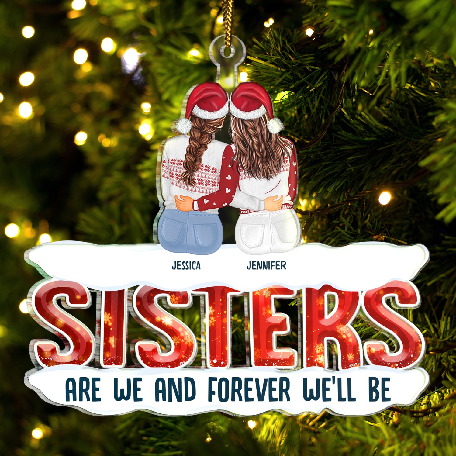 Christmas Sisters Forever Hugging - Gift For Sisters - Personalized Cutout Acrylic Ornament
