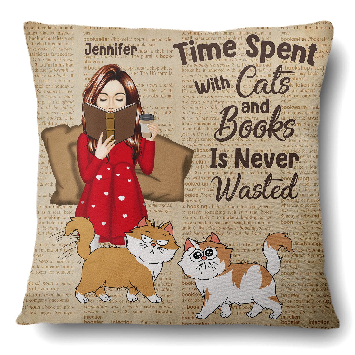 Reading Time Spent With Books & Pets - Gift For Book Lovers - Personalized Pillow