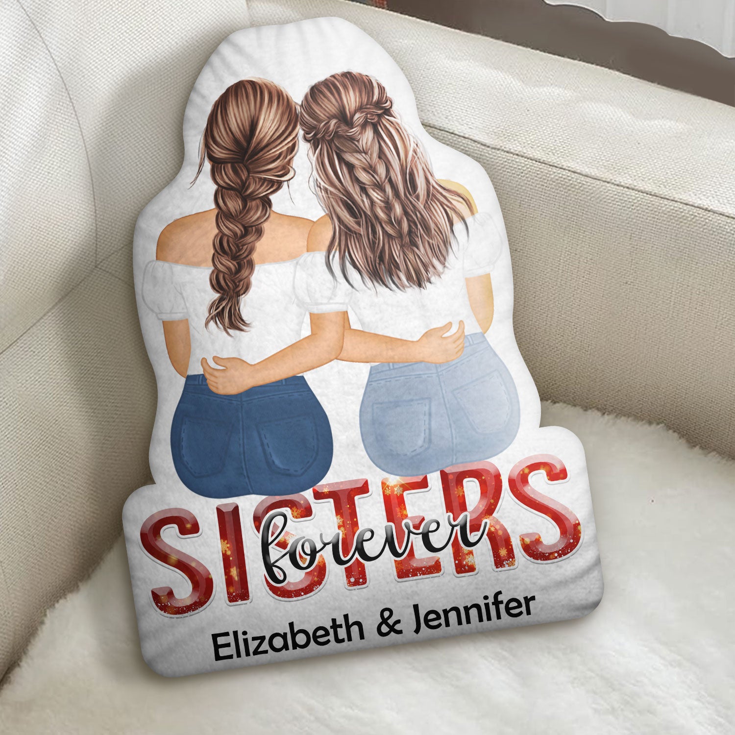 Backside Sister Hugging Sisters Forever - Gift For Sisters - Personalized Custom Shaped Pillow