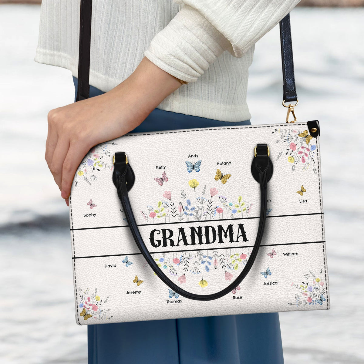 Butterfly Grandma - Gift For Grandma - Personalized Leather Bag