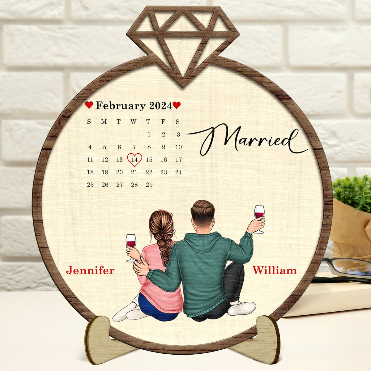 Calendrier pour couple marié/fiancé - Cadeau pour couple - Plaque en bois personnalisée à 2 couches avec support 