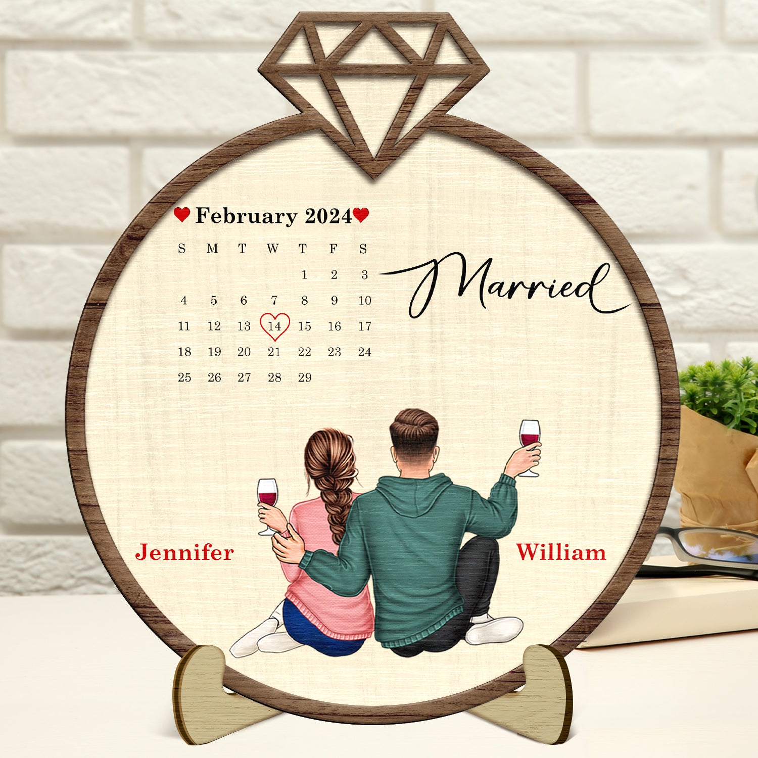 Couple Calendar Married Engaged - Gift For Couples - Personalized 2-Layered Wooden Plaque With Stand