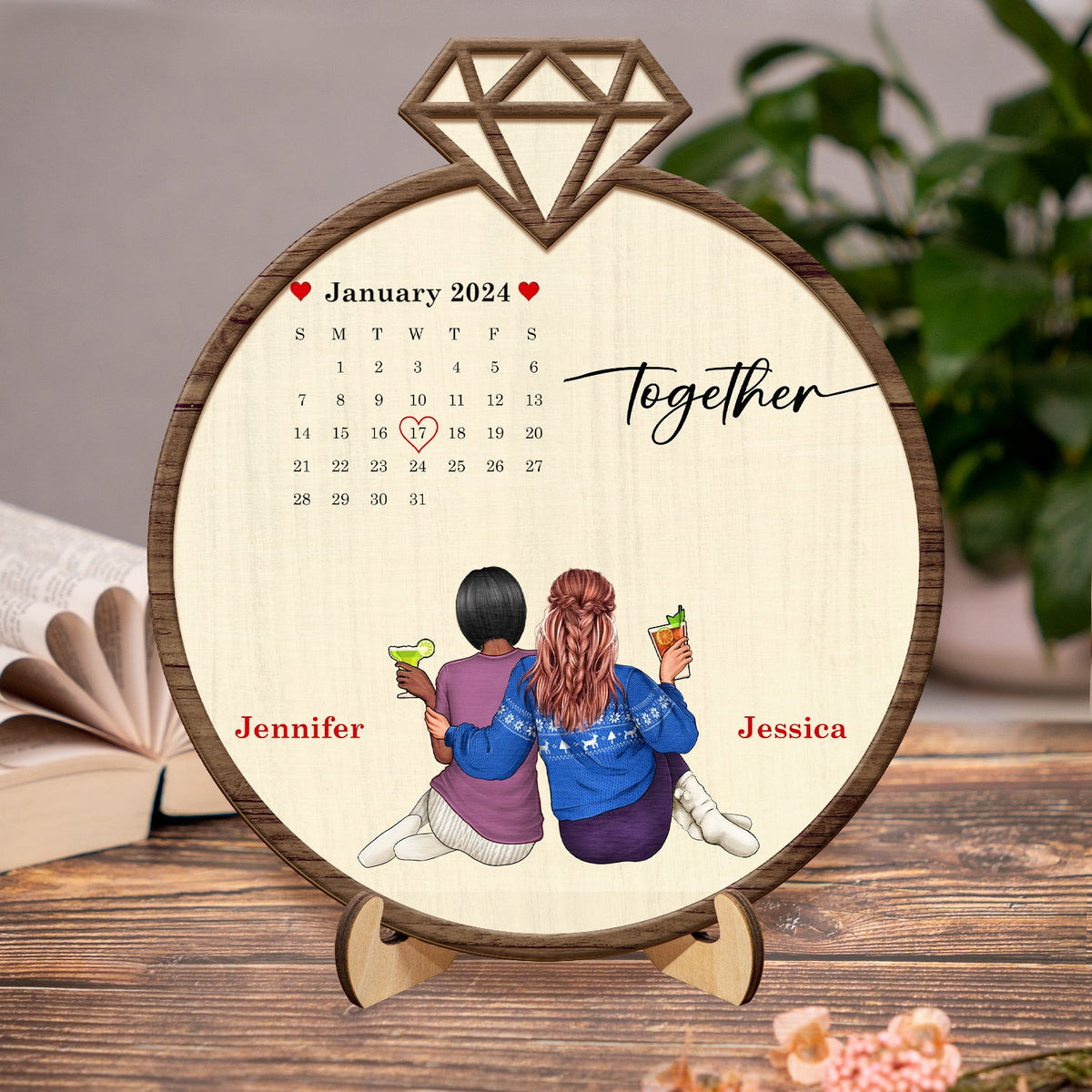 Calendrier pour couple marié/fiancé - Cadeau pour couple - Plaque en bois personnalisée à 2 couches avec support 