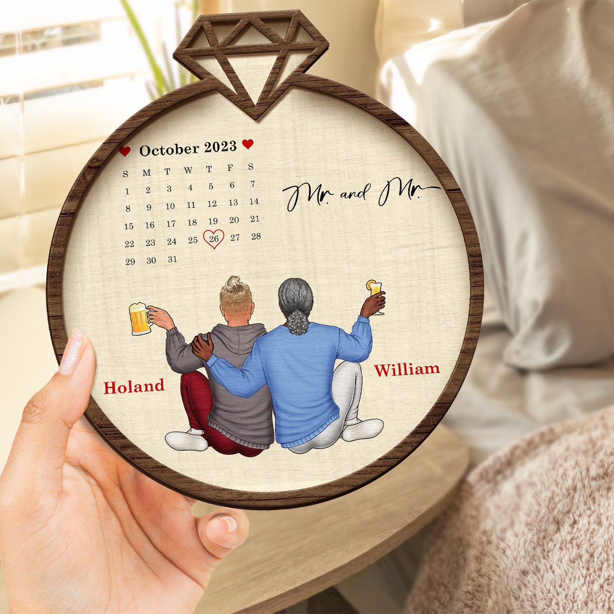 Calendrier pour couple marié/fiancé - Cadeau pour couple - Plaque en bois personnalisée à 2 couches avec support 