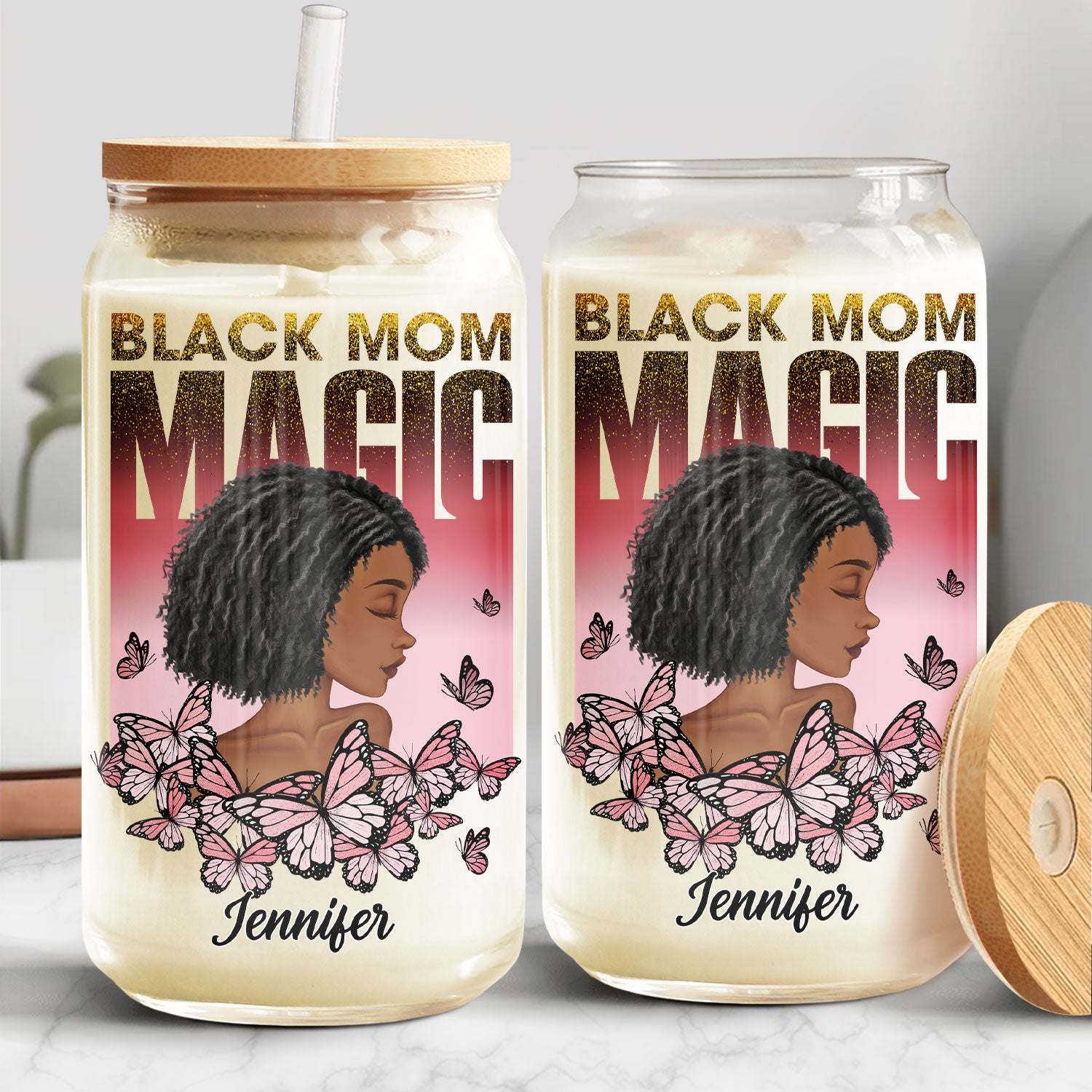 Black Mom Magic - Gift For Mother - Personalized Clear Glass Can