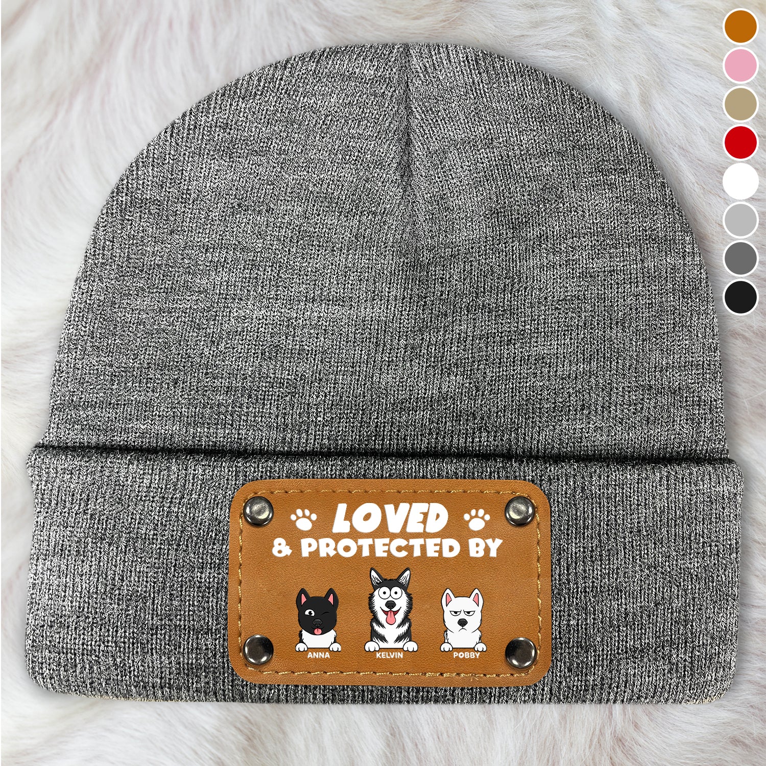 Loved And Protected By Dog - Gift For Pet Lovers - Personalized Beanie With Leather Patch