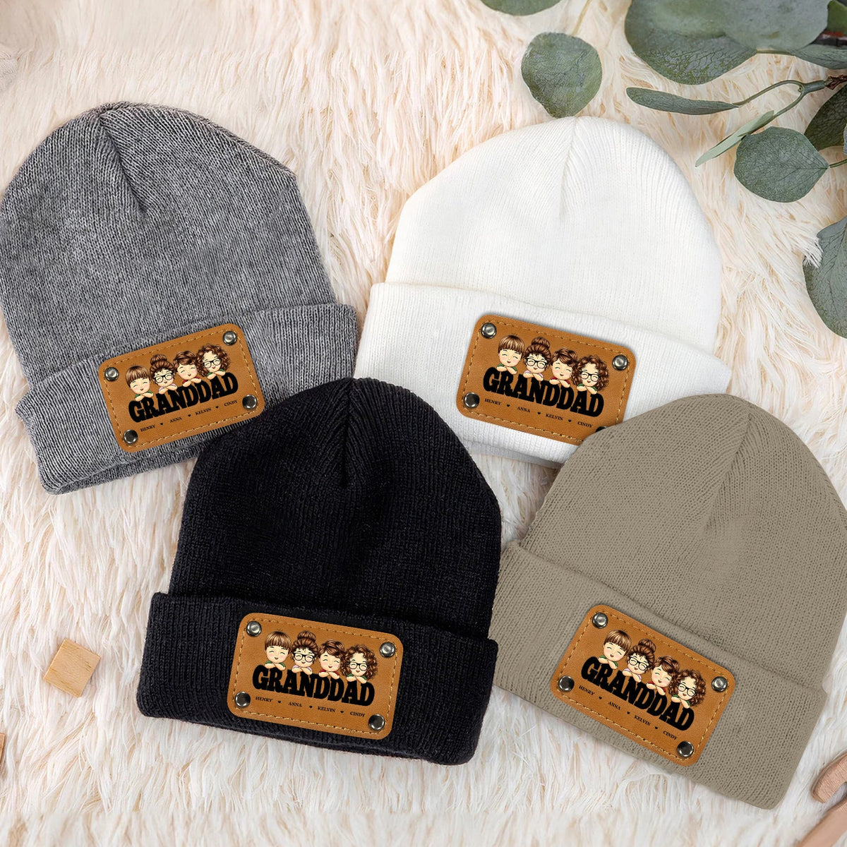 Daddy Papa - Gift For Father, Grandpa - Personalized Beanie With Leather Patch