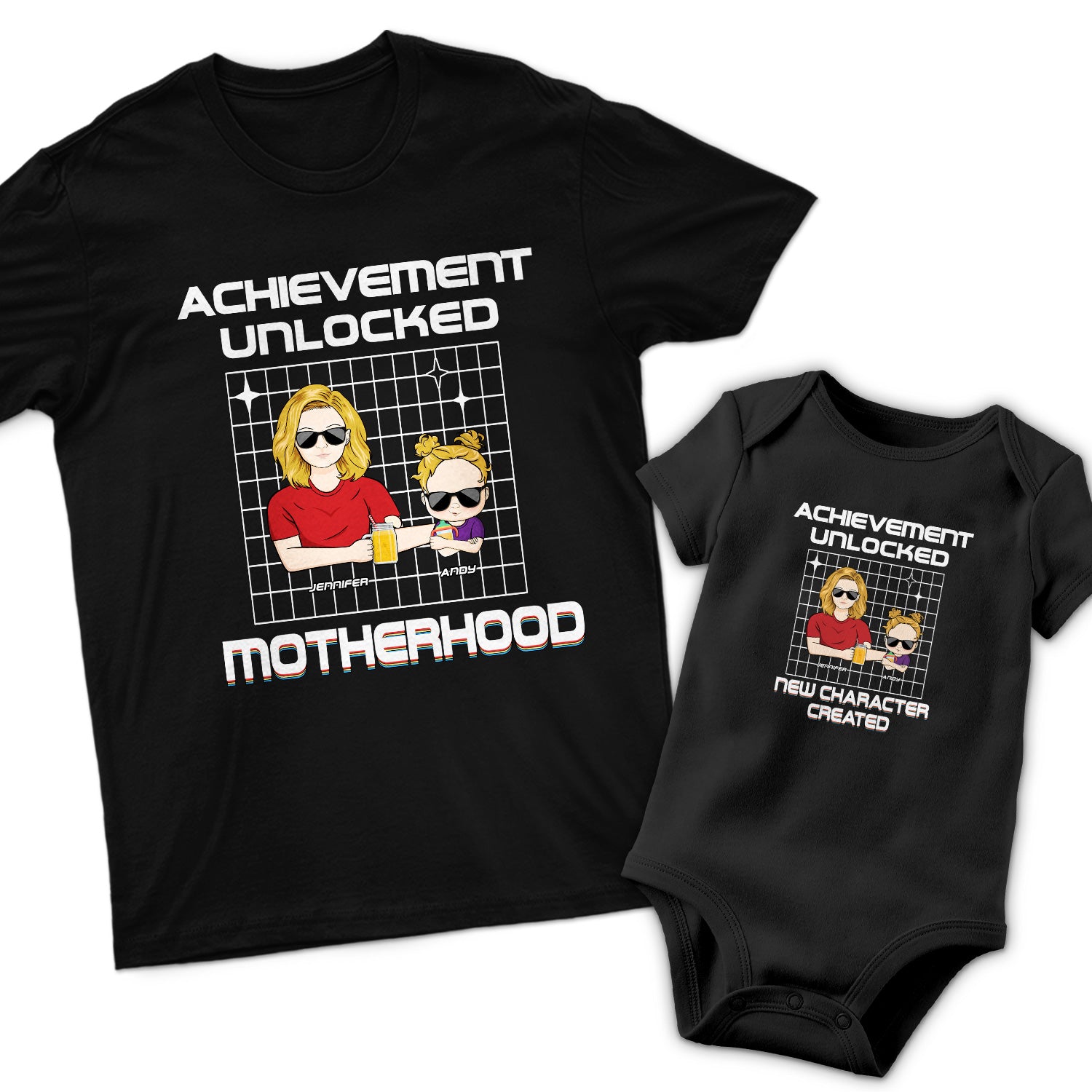 Achievement Unlocked - Gift For New Mother And Baby - Personalized Combo T Shirt And Baby Onesie