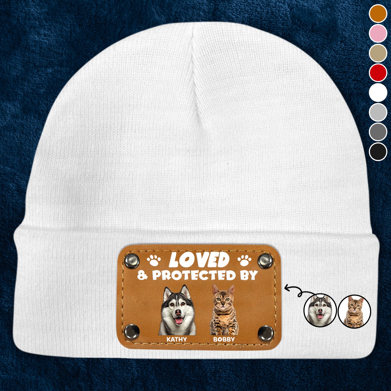 Custom Photo Loved & Protected By - Gift For Baby, Pet Lovers - Personalized Beanie With Leather Patch