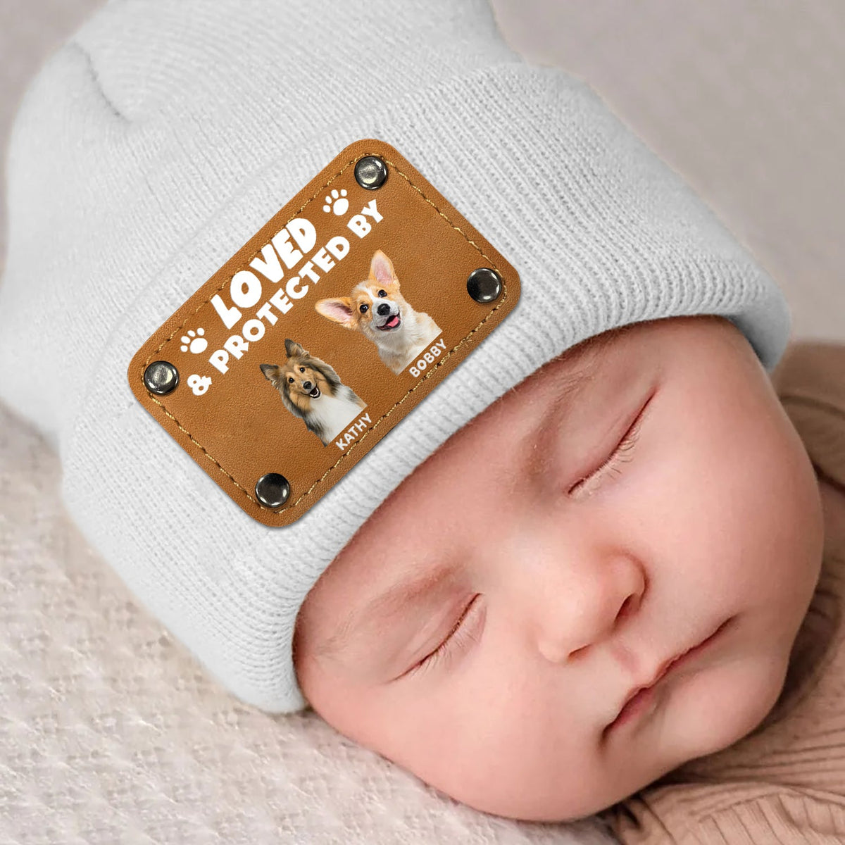 Custom Photo Loved & Protected By - Gift For Baby, Pet Lovers - Personalized Beanie With Leather Patch