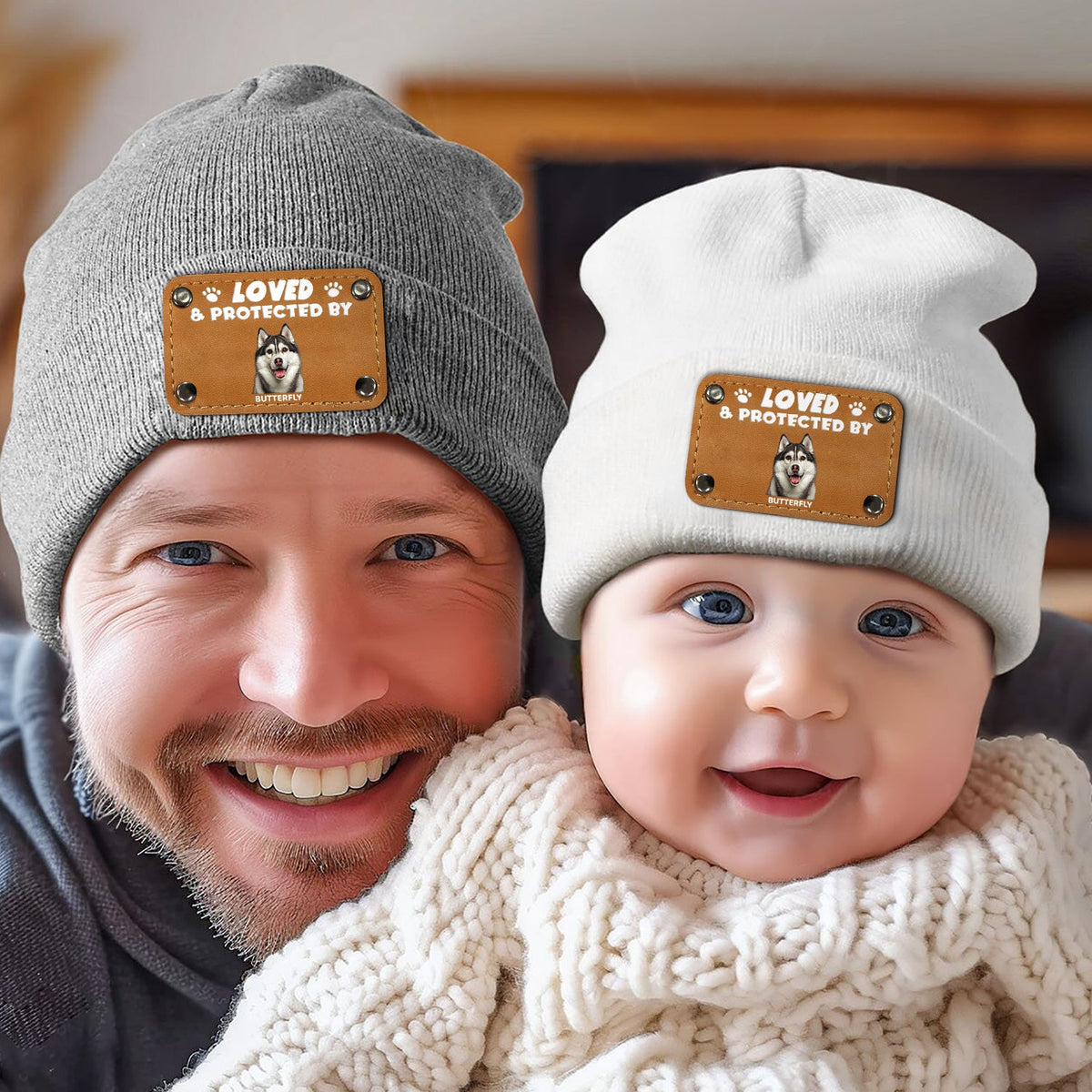 Custom Photo Loved & Protected By - Gift For Baby, Pet Lovers - Personalized Beanie With Leather Patch
