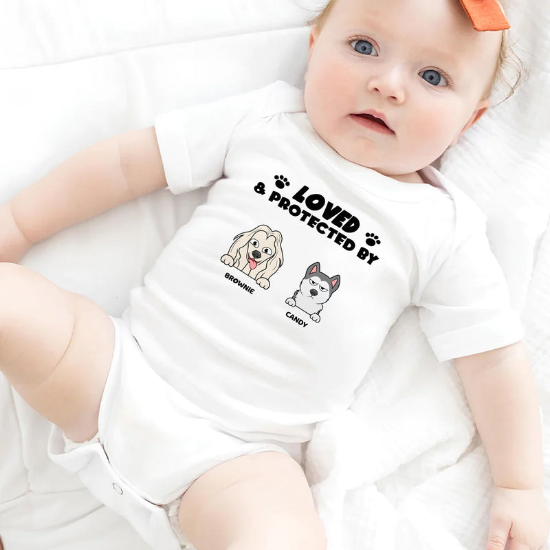 Loved And Protected By Dog - Gift For Pet Lovers - Personalized Baby Onesie