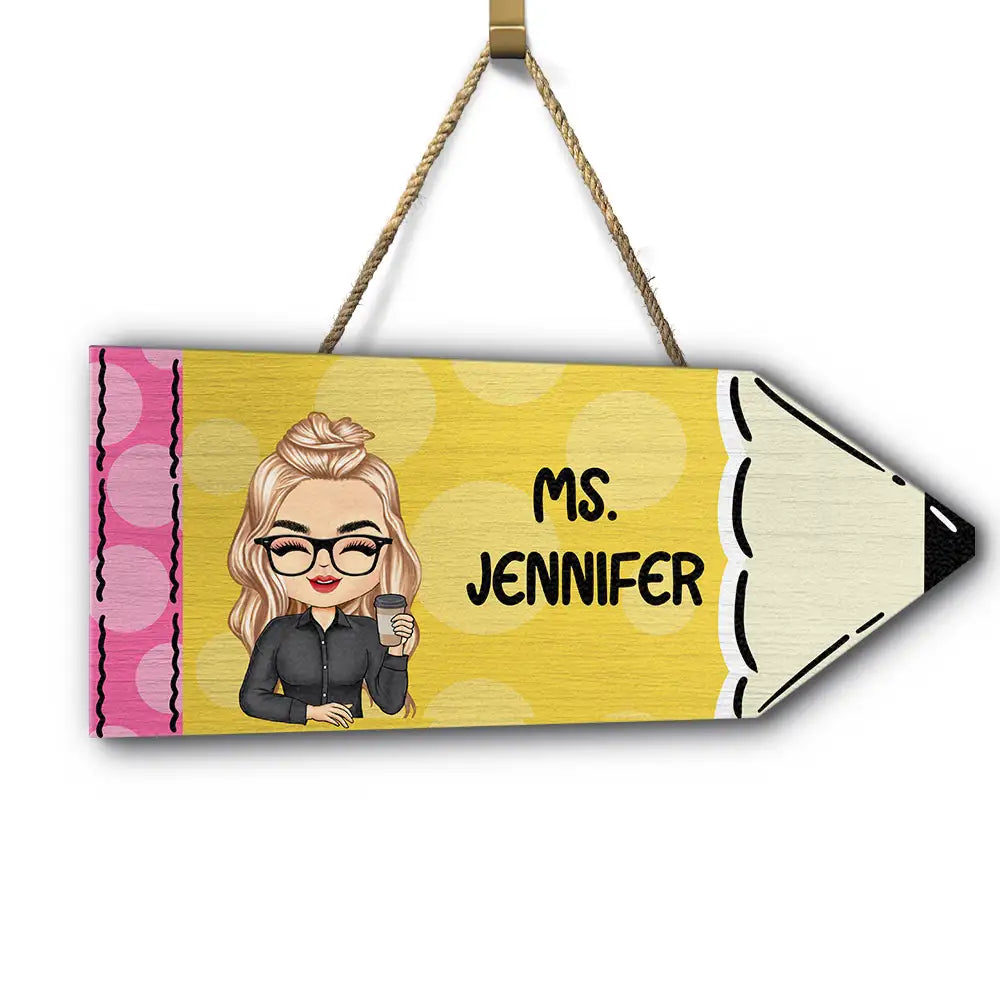 Teacher Pencil Sign Monogram Name - Personalized Custom Shaped Wood Sign