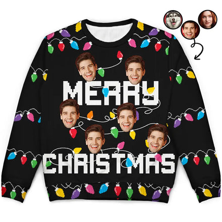 Photo personnalisée de Noël avec sapin de Noël familial - Pull moche unisexe personnalisé 