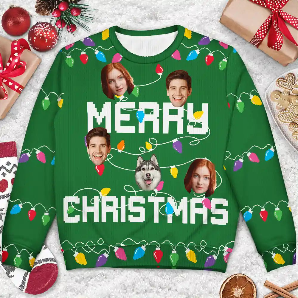 Photo personnalisée de Noël avec sapin de Noël familial - Pull moche unisexe personnalisé 