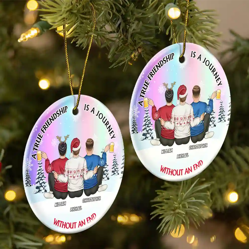 Gift For Bestie - A True Friendship Is A Journey Without An End - Personalized Circle Ceramic Ornament