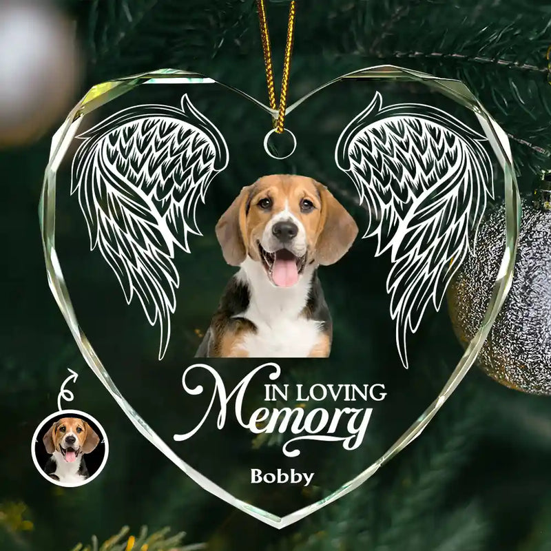 Custom Photo,Christmas,Pet Lovers,Memorial,Sad - Custom Photo In Loving Memory Angel Wings Pet - Personalized Heart Shaped Glass Ornament