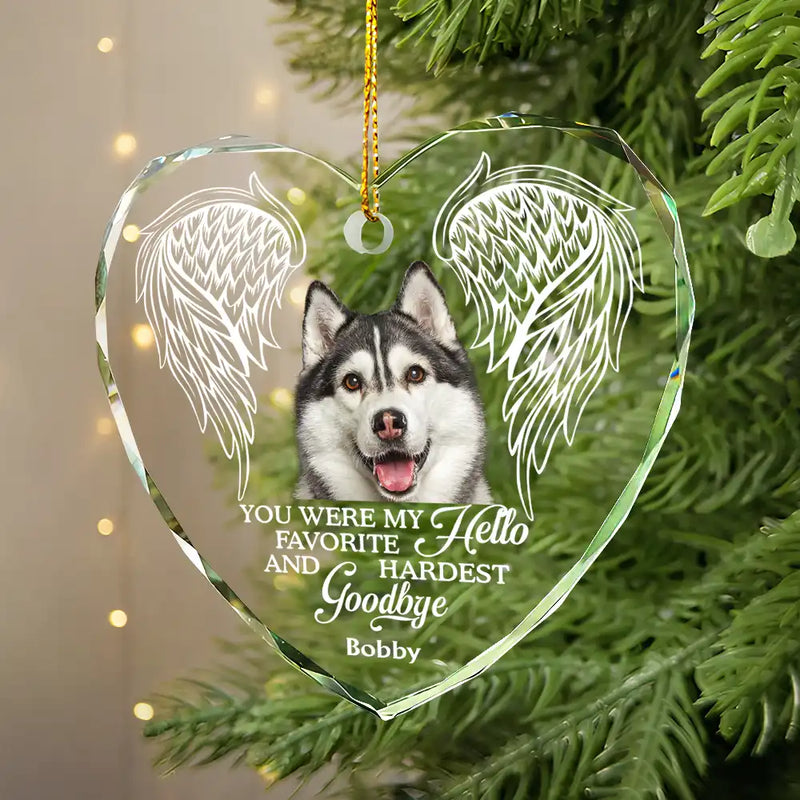 Custom Photo,Christmas,Pet Lovers,Memorial,Sad - Custom Photo In Loving Memory Angel Wings Pet - Personalized Heart Shaped Glass Ornament