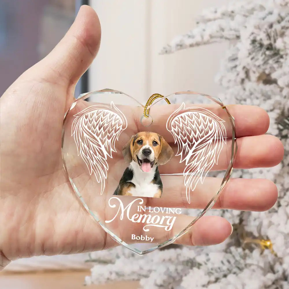 Custom Photo,Christmas,Pet Lovers,Memorial,Sad - Custom Photo In Loving Memory Angel Wings Pet - Personalized Heart Shaped Glass Ornament