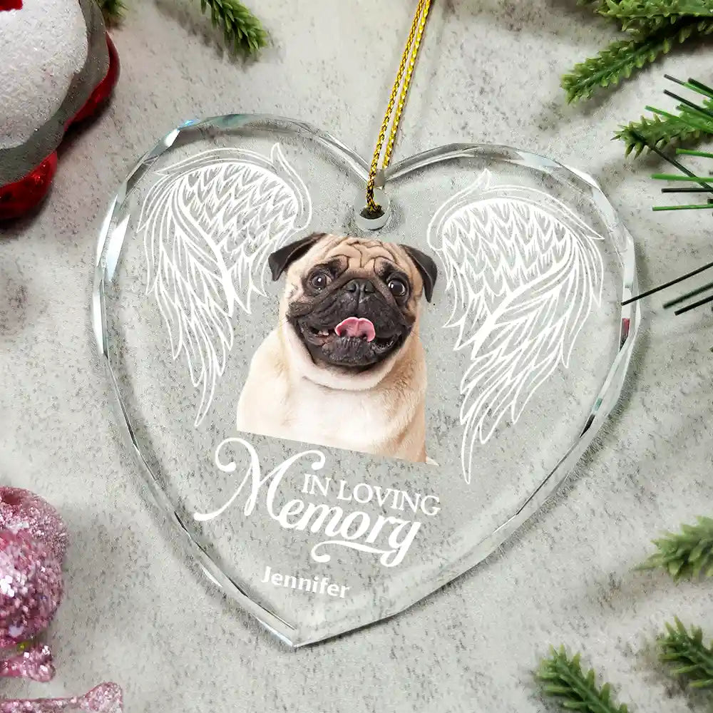 Custom Photo,Christmas,Pet Lovers,Memorial,Sad - Custom Photo In Loving Memory Angel Wings Pet - Personalized Heart Shaped Glass Ornament