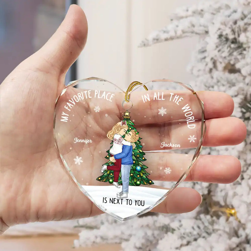 Gift For Couples - Christmas Couple My Favorite Place In All The World - Personalized Heart Shaped Glass Ornament