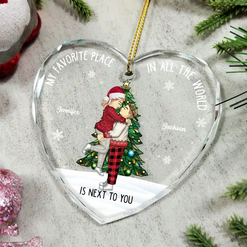 Gift For Couples - Christmas Couple My Favorite Place In All The World - Personalized Heart Shaped Glass Ornament