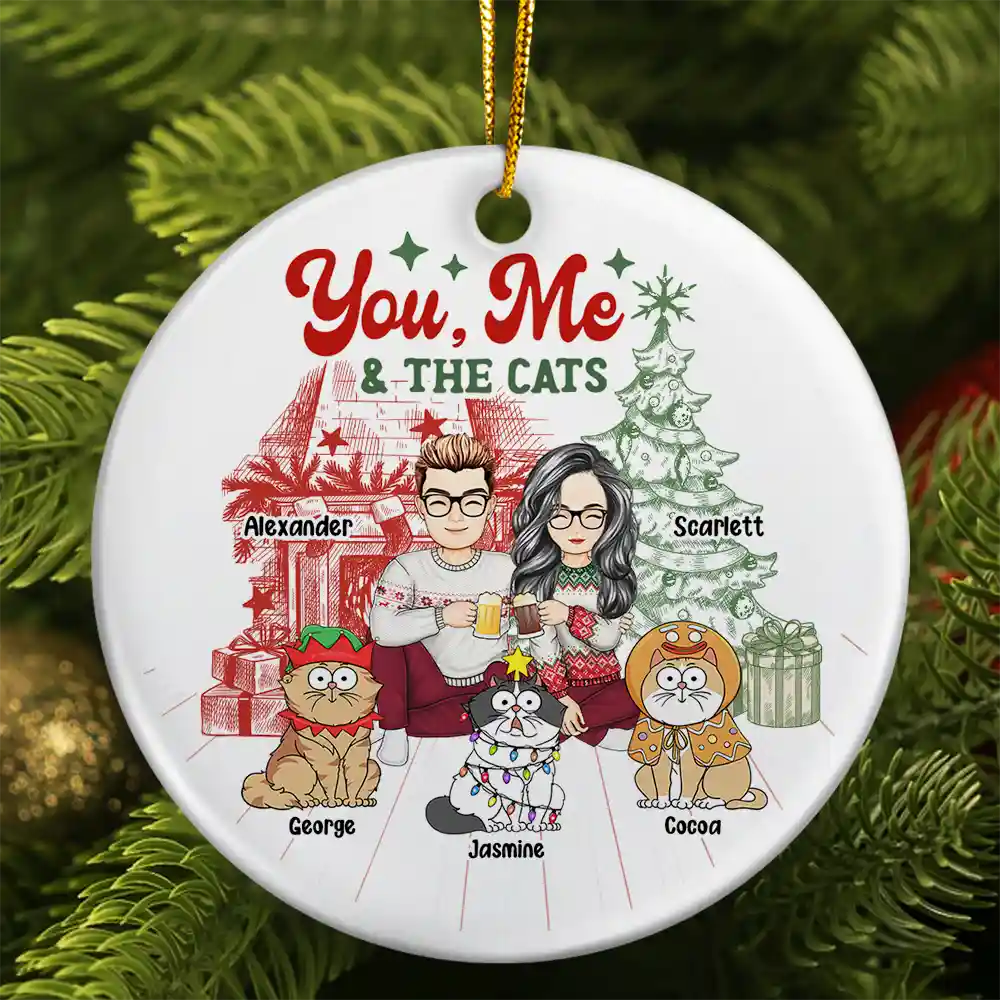 You, Me And The Cats - Personalized Circle Ceramic Ornament
