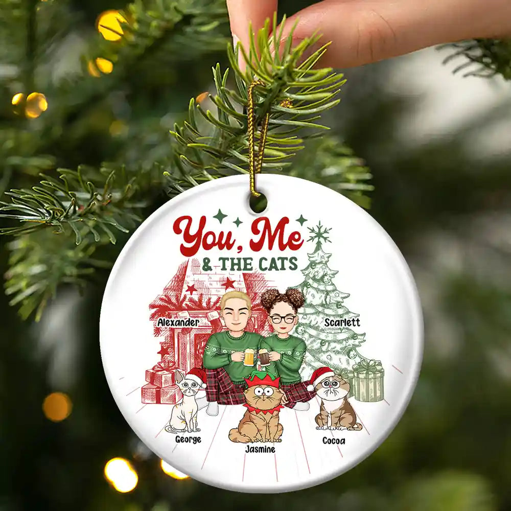 Cat Lovers, Gift For Couples - You, Me And The Cats - Personalized Circle Ceramic Ornament