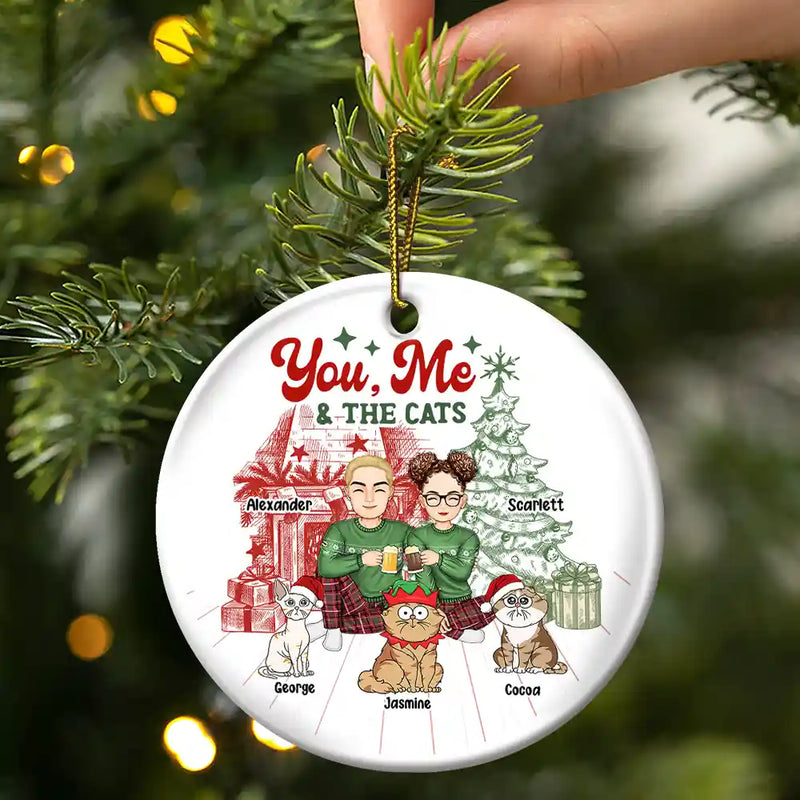 Cat Lovers, Gift For Couples - You, Me And The Cats - Personalized Circle Ceramic Ornament