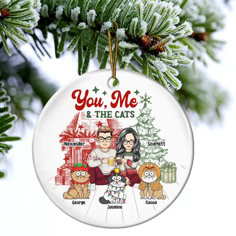 Cat Lovers, Gift For Couples - You, Me And The Cats - Personalized Circle Ceramic Ornament