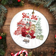 Cat Lovers, Gift For Couples - You, Me And The Cats - Personalized Circle Ceramic Ornament