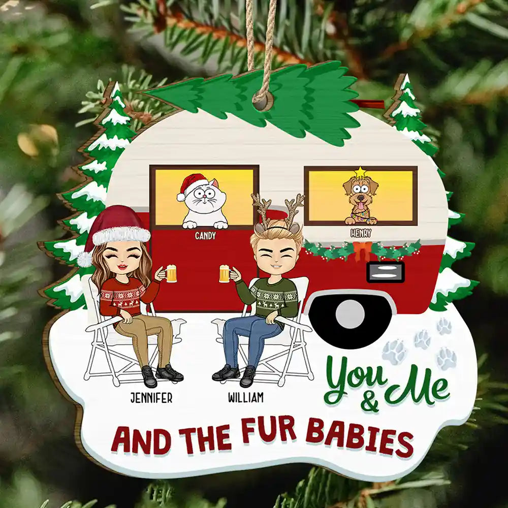 Christmas Camper You, Me And The Fur Babies - Personalized Custom Shaped Wooden Ornament