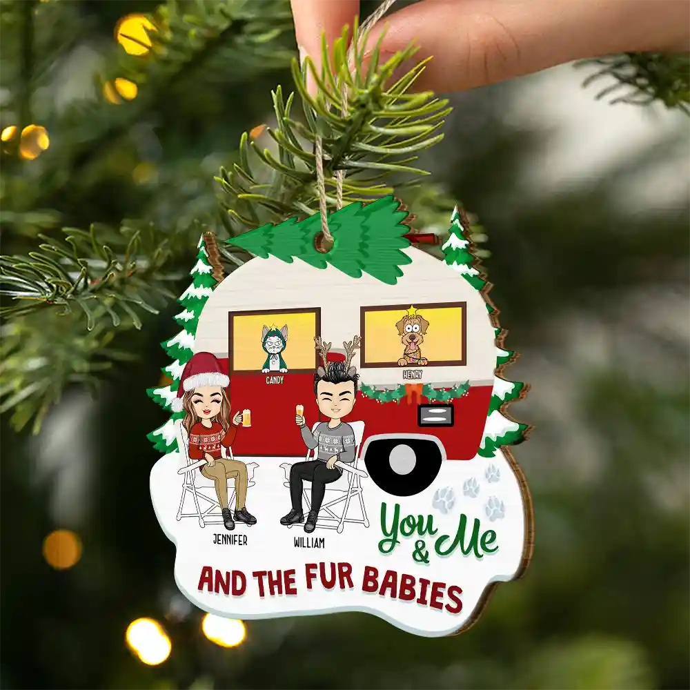 Gift For Couples - Christmas Camper You, Me And The Fur Babies - Personalized Custom Shaped Wooden Ornament