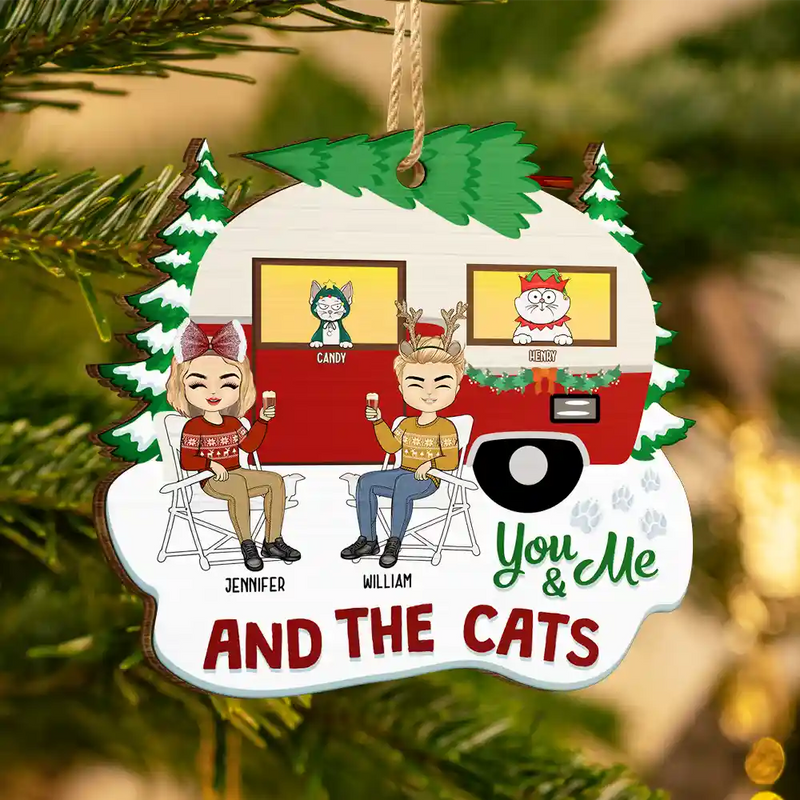 Gift For Couples - Christmas Camper You, Me And The Fur Babies - Personalized Custom Shaped Wooden Ornament