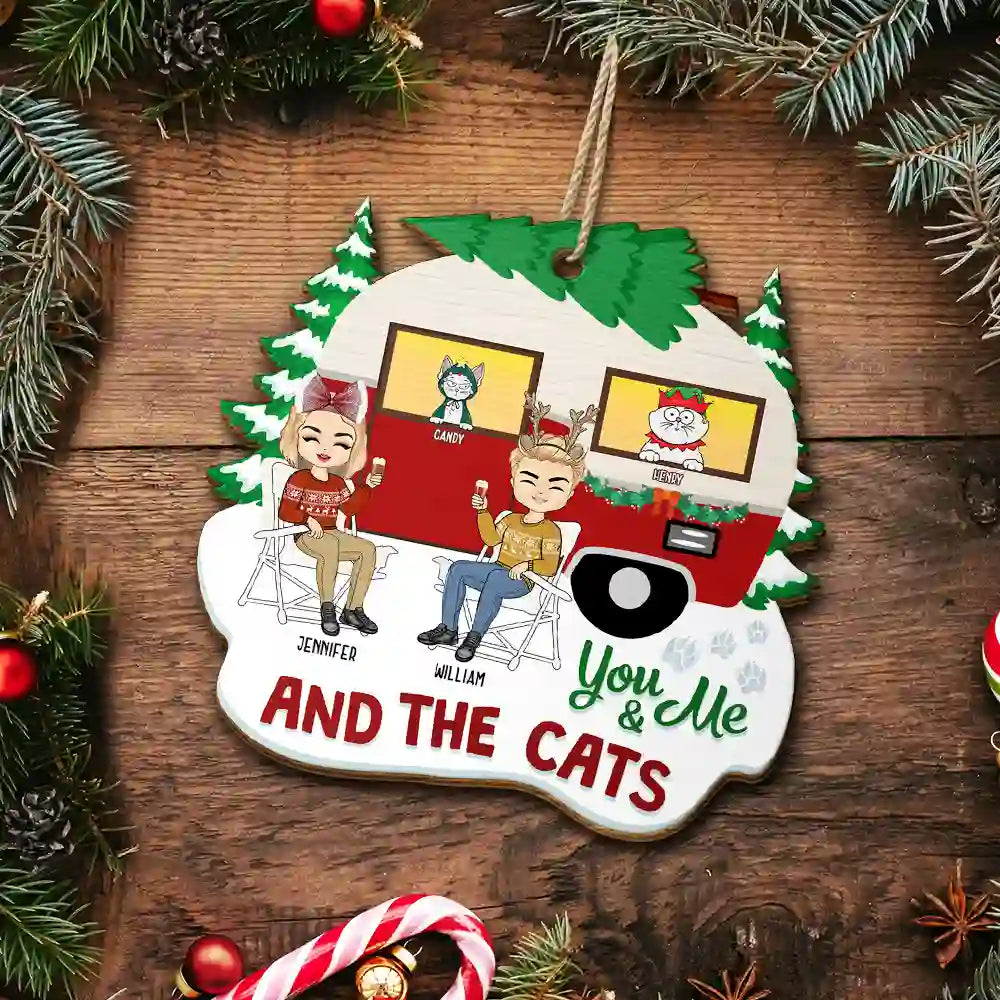 Gift For Couples - Christmas Camper You, Me And The Fur Babies - Personalized Custom Shaped Wooden Ornament