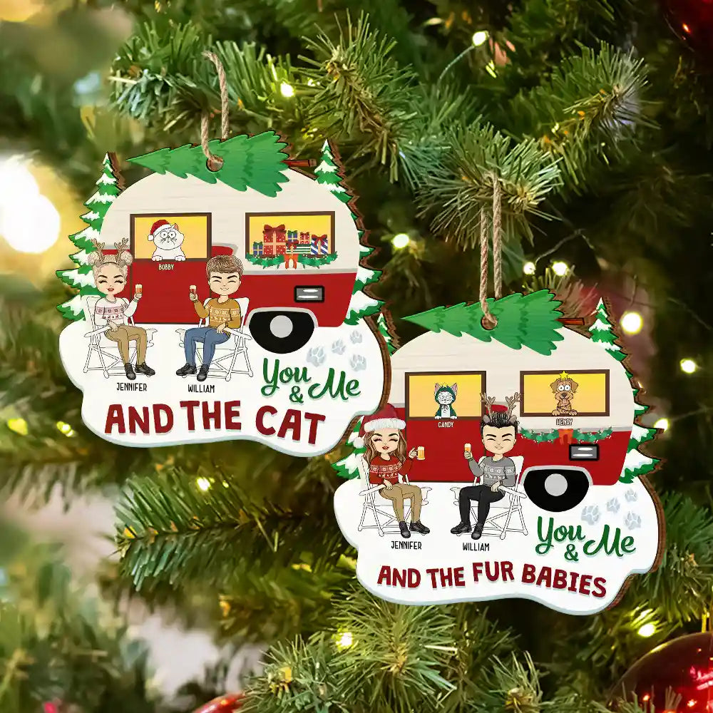 Gift For Couples - Christmas Camper You, Me And The Fur Babies - Personalized Custom Shaped Wooden Ornament