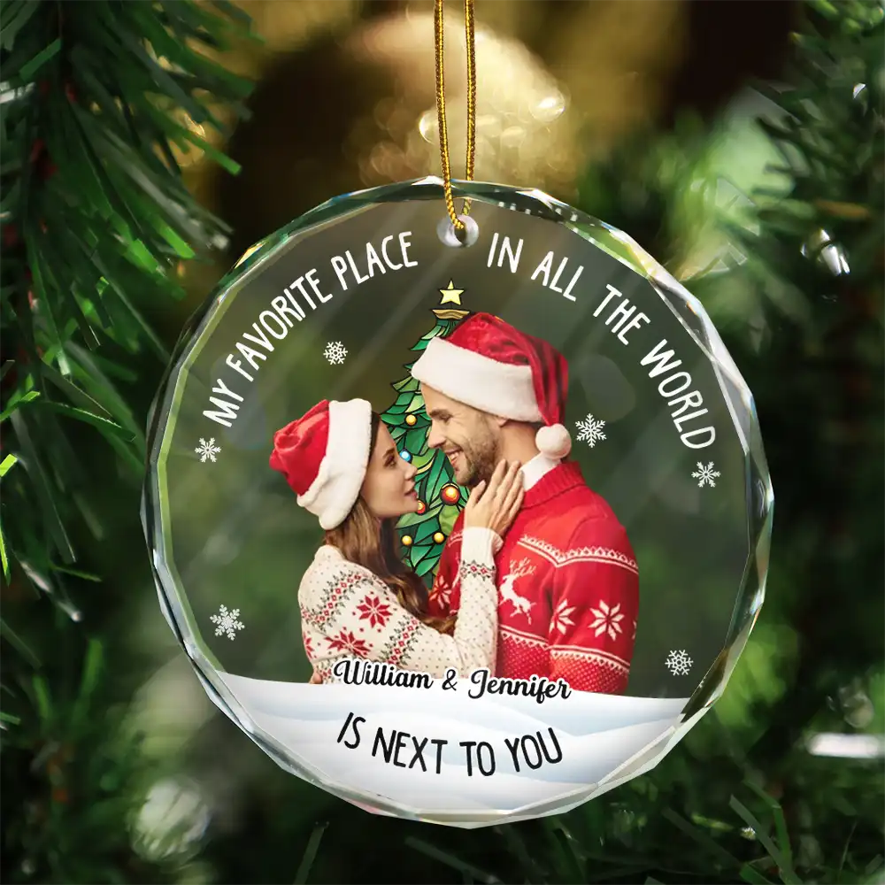 Christmas,Gift For Couples,Gift For Husband,Gift For Wife,Gift For Boyfriend,Gift For Girlfriend,Custom Photo,Happy - Custom Photo Christmas Couple My Favorite Place - Personalized Glass Ornament