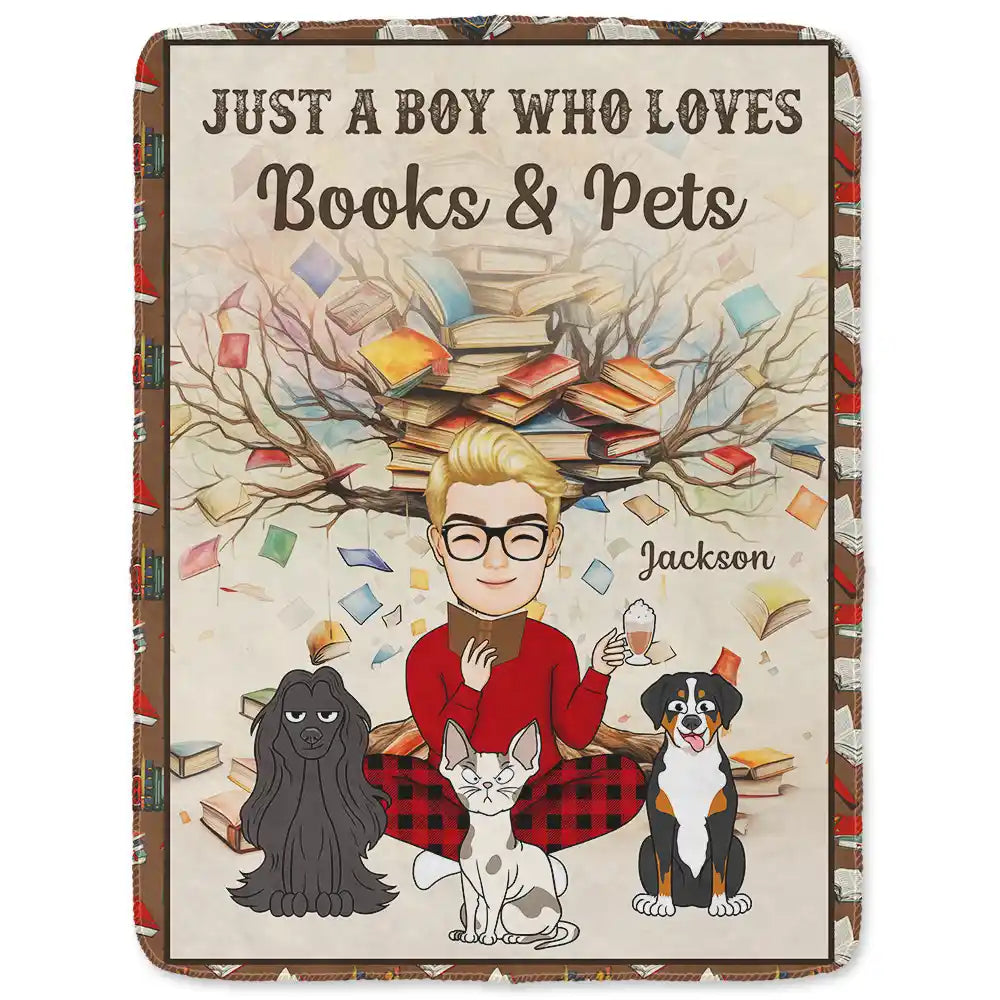 Reading,Pet Lovers,Cat Lovers,Dog Lovers,Happy - Just A Girl Who Loves Books & Pets - Personalized Fleece Blanket, Sherpa Blanket