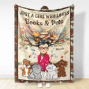 Reading,Pet Lovers,Cat Lovers,Dog Lovers,Happy - Just A Girl Who Loves Books & Pets - Personalized Fleece Blanket, Sherpa Blanket