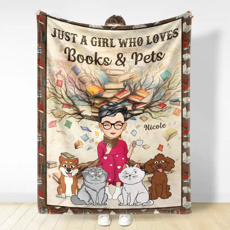 Reading,Pet Lovers,Cat Lovers,Dog Lovers,Happy - Just A Girl Who Loves Books & Pets - Personalized Fleece Blanket, Sherpa Blanket