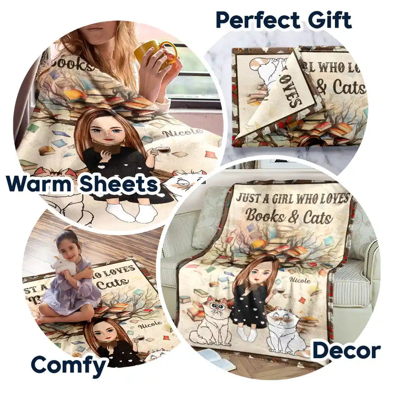Reading,Pet Lovers,Cat Lovers,Dog Lovers,Happy - Just A Girl Who Loves Books & Pets - Personalized Fleece Blanket, Sherpa Blanket