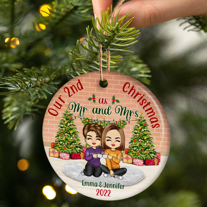 Husband Wife Our First Christmas As Mr And Mrs - Christmas Gift For Couple - Personalized Custom Circle Ceramic Ornament