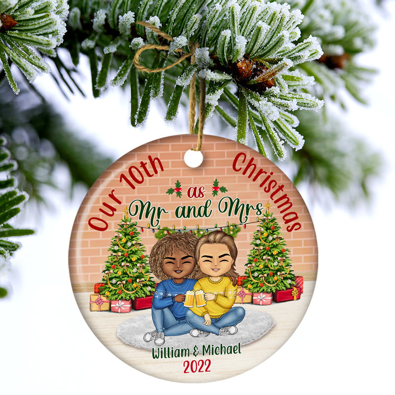 Husband Wife Our First Christmas As Mr And Mrs - Christmas Gift For Couple - Personalized Custom Circle Ceramic Ornament