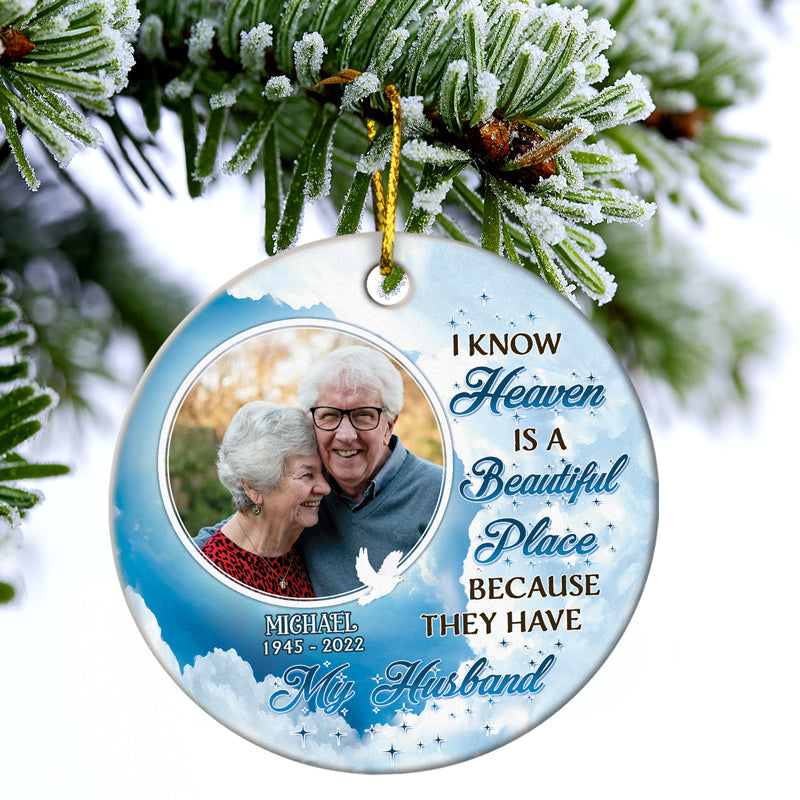 Photo personnalisée « Je sais que le paradis est un endroit magnifique » - Cadeau commémoratif pour la famille - Ornement en céramique personnalisé en forme de cercle